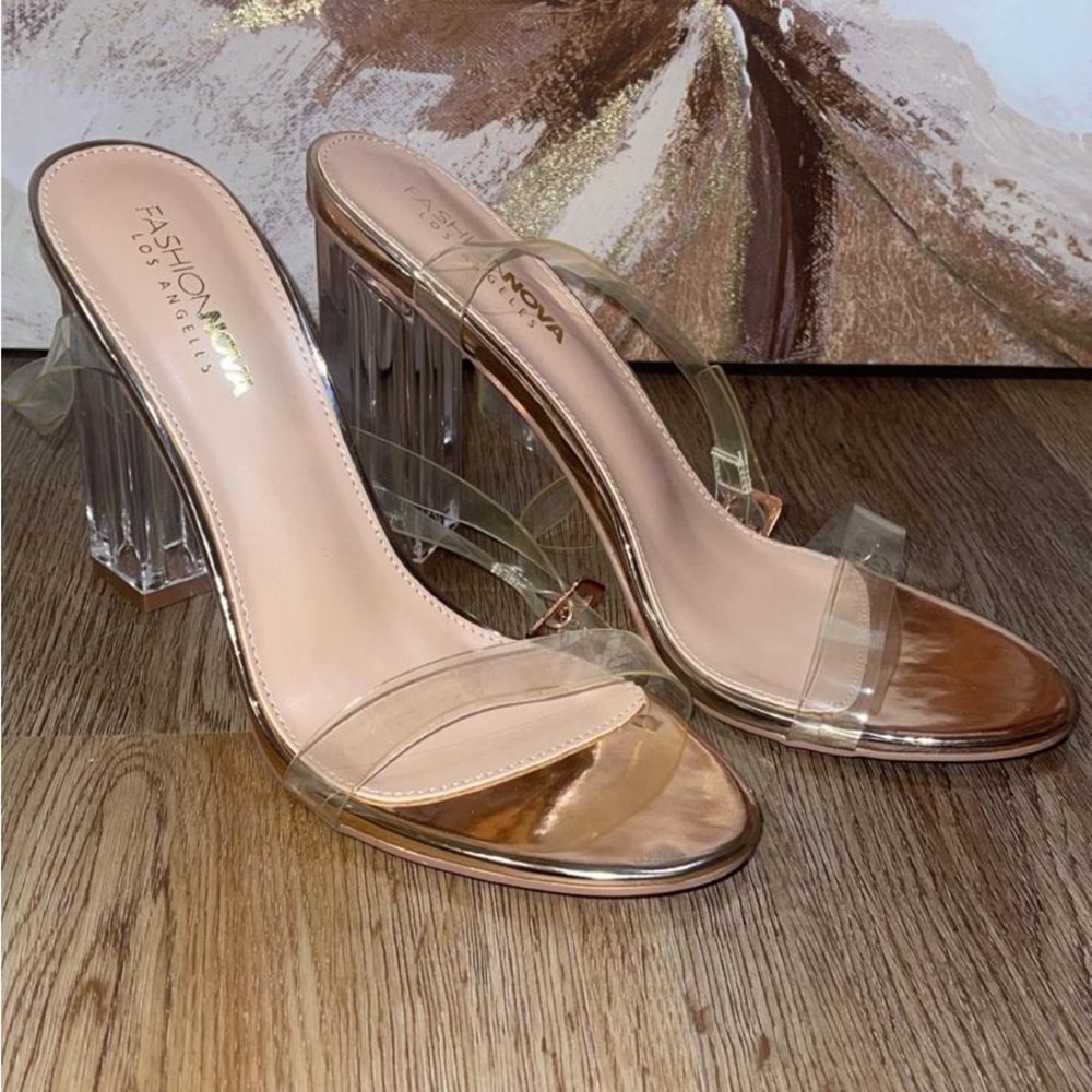 Fashion Nova Transparent and Gold Heels
